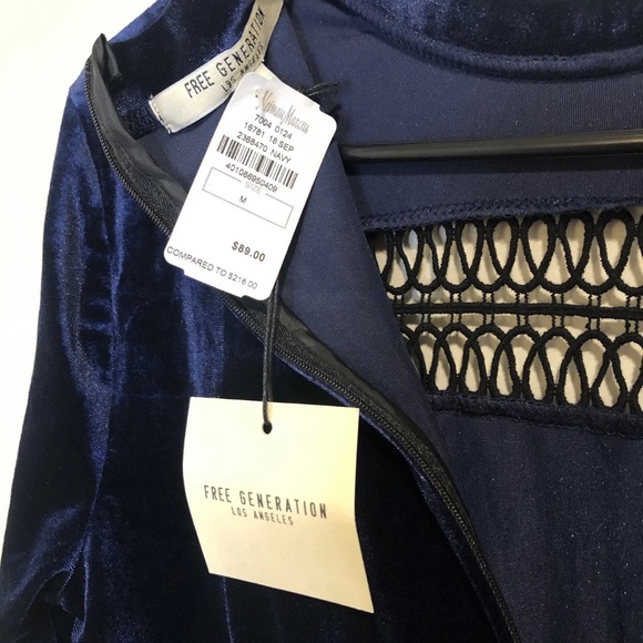 Free Generation Los Angeles Navy Velvet & Black Lace Slim Fit Dress Sz M NWT - Picture 6 of 8